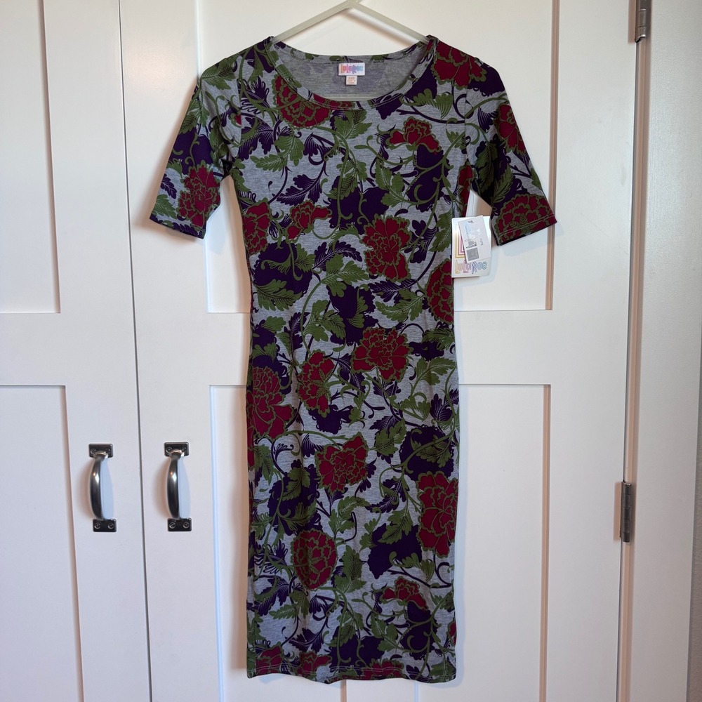 NWT LuLaRoe Julia Shirt Dress Gray with Floral Print Women's Size XXS Pencil New